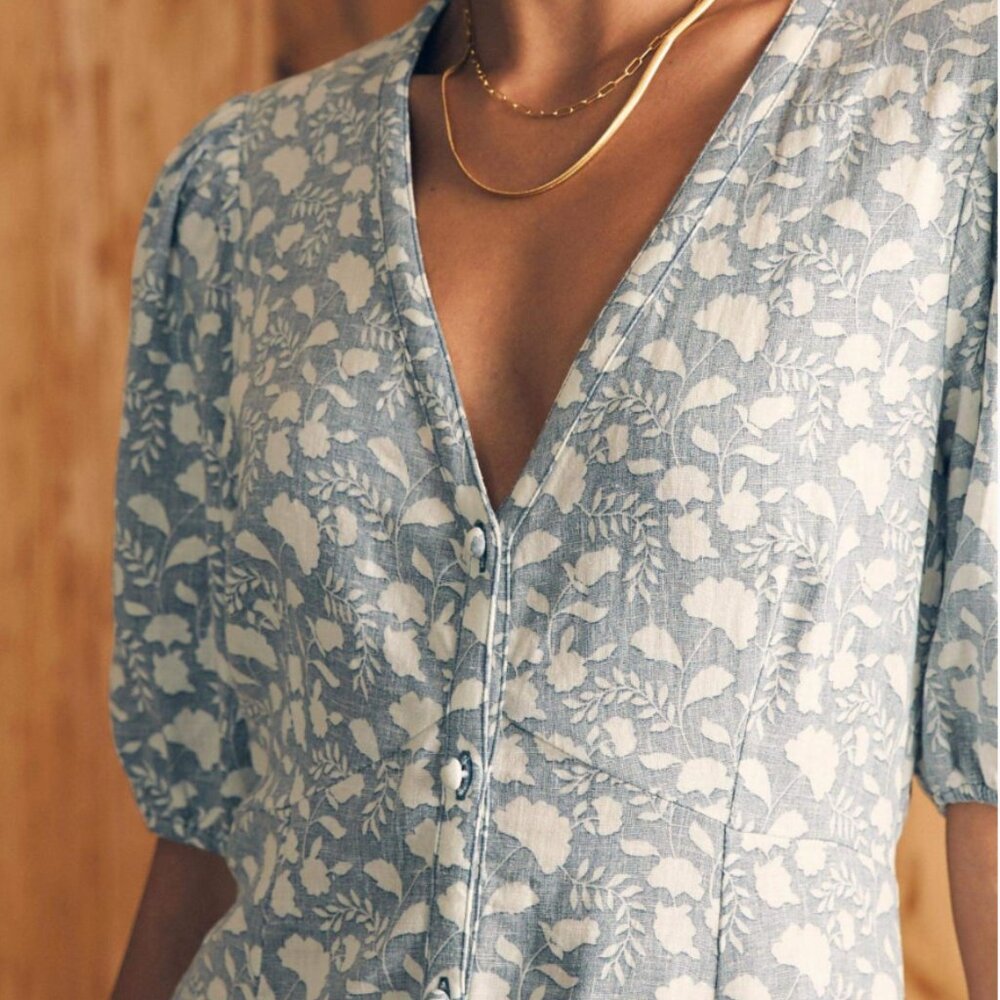 Faherty Havana Dress Indigo Echo Floral Linen Blend, Size S